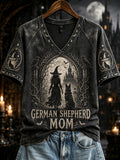 Women's Halloween German Shepherd Mom Witch Print V-neck Short-sleeved T-shirt