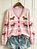 Women's cute dog and pink charity ribbon pattern printed casual cardigan