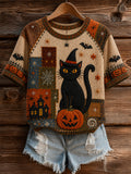 Women's Halloween Black Cat Art  Short Sleeve T-shirt