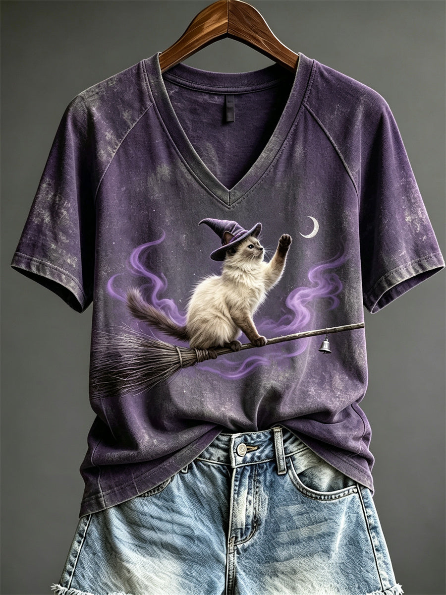 Women's Halloween Flying Witch Cat Print short-sleeved T-shirt