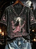 Women's Halloween Dachshund Mom Witch Print V-neck Short-sleeved T-shirt