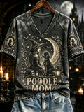 Women's Halloween Poodle Mom Witch Print V-neck Short-sleeved T-shirt