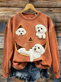 Women's Lovely Peeking Maltese Dogs Halloween Pumpkin Face Print Sweatshirt