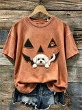 Women's Halloween Peeking Maltese Dog Pumpkin Face Print short-sleeved T-shirt