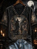 Women's Halloween German Shepherd Mom Witch Print V-neck Short-sleeved T-shirt
