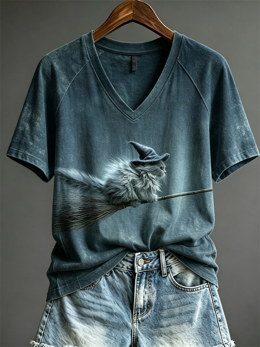 Women's Halloween Flying Witch Cat Print short-sleeved T-shirt
