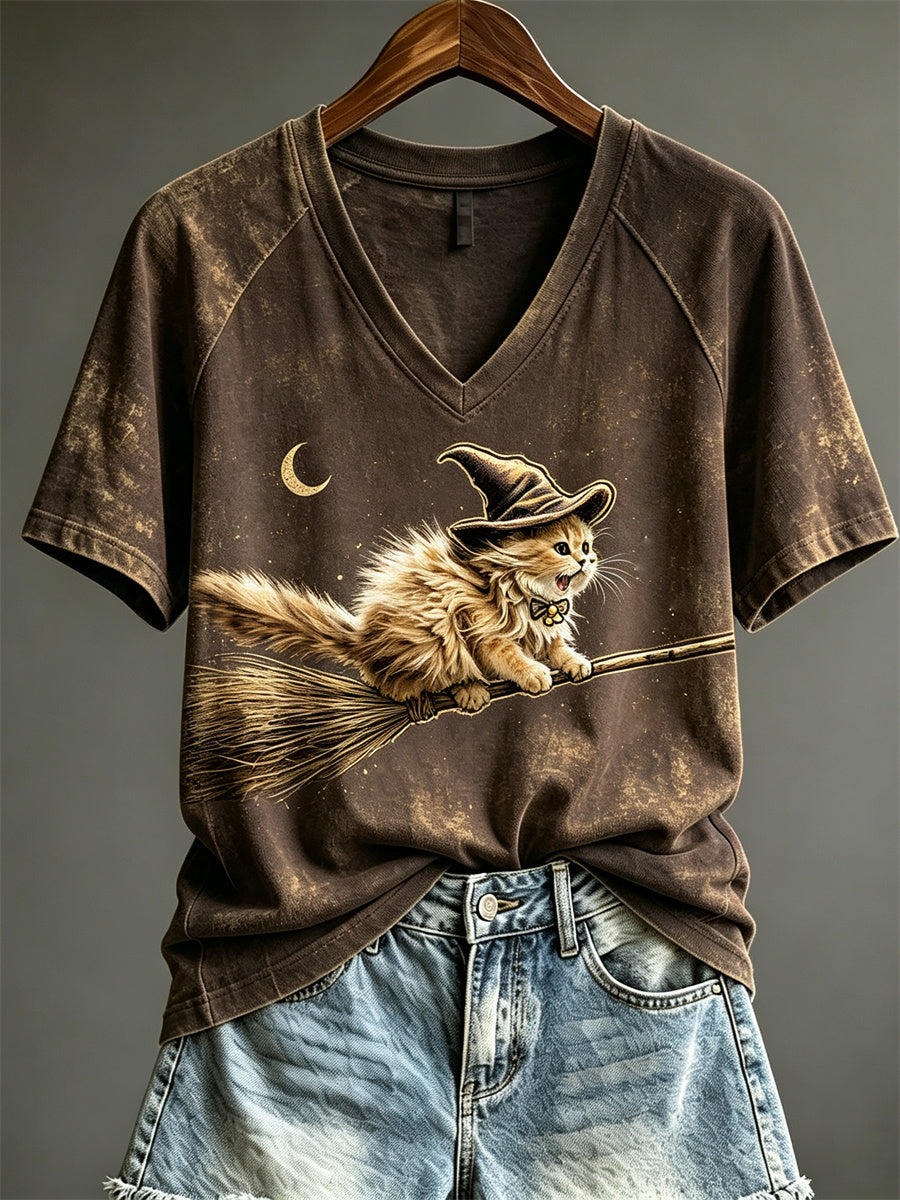 Women's Halloween Flying Witch Cat Print short-sleeved T-shirt