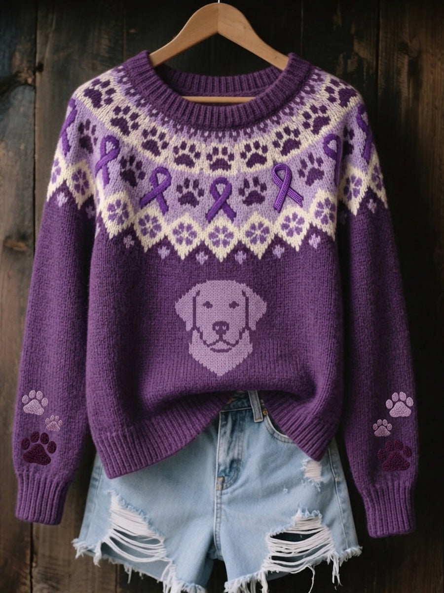Women's Vintage Purple Ribbon & Dog Paws Isle Pattern Print Cozy Sweater