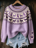 Women's Vintage Purple Ribbon & Dog Isle Pattern Print Cozy Sweater