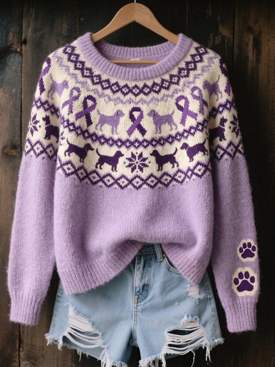 Women's Vintage Purple Ribbon & Dog Isle Pattern Print Cozy Sweater