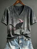 Women's Halloween Flying Fuzzy Witch Cat on Broom Print short-sleeved T-shirt