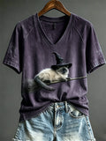Women's Halloween Flying Fuzzy Witch Cat on Broom Print short-sleeved T-shirt