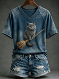 Women's Vintage Halloween Witch Cat Print V-neck Short-sleeved T-shirt