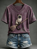 Women's Vintage Halloween Witch Cat Print V-neck Short-sleeved T-shirt