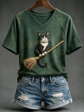Women's Vintage Halloween Witch Cat Print V-neck Short-sleeved T-shirt