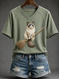 Women's Vintage Halloween Witch Cat Print V-neck Short-sleeved T-shirt