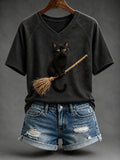 Women's Vintage Halloween Witch Cat Print V-neck Short-sleeved T-shirt