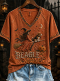 Women's Halloween Fall Beagle Mom Witch & Dog Print short-sleeved T-shirt