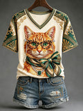 Women's Fun Cat Print V-Neck T-Shirts