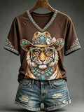 Women's Fun Western Tiger V-Neck T-Shirts
