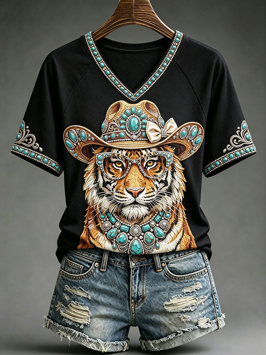 Women's Fun Western Tiger V-Neck T-Shirts