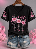 Women's Pink Ribbon Faith Hope Blieve Sunflowers Print Breast Cancer Awareness Support V-Neck Tee