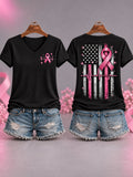 Women's Pink Ribbon US Flag Print Breast Cancer Awareness Support V-Neck Tee