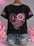 Women's Pink Ribbon Sunflower Faith Print Breast Cancer Awareness Support V-Neck Tee