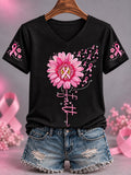 Women's Pink Ribbon Sunflower Faith Print Breast Cancer Awareness Support V-Neck Tee