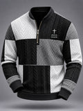 Men's Jesus Cross Faith Colorblock Cable Pattern Print Casual Zipper Pullover