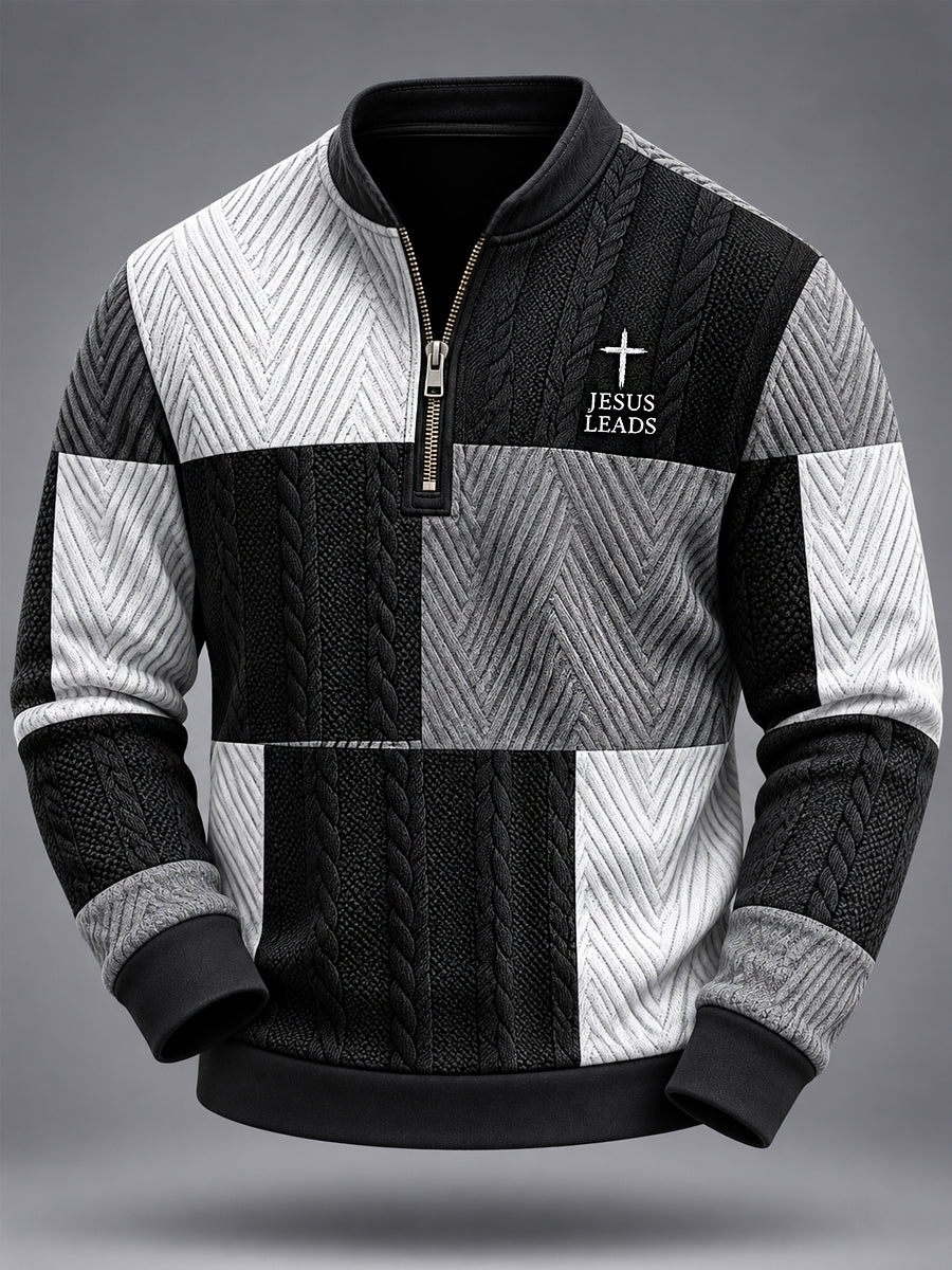 Men's Jesus Cross Faith Colorblock Cable Pattern Print Casual Zipper Pullover